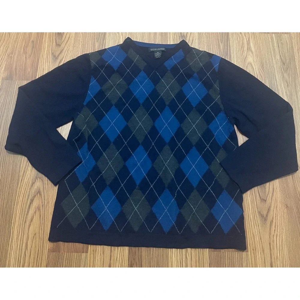 Banana Republic Sweater Mens Medium Italian Merino Argyle V Neck Navy